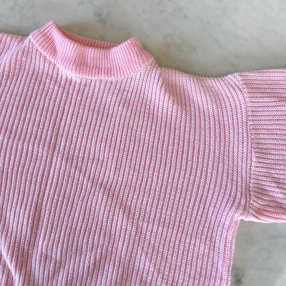 Vintage 80s 90s Pink + White Mock Neck Ribbed Knit Sweater / S - Picture 4 of 11